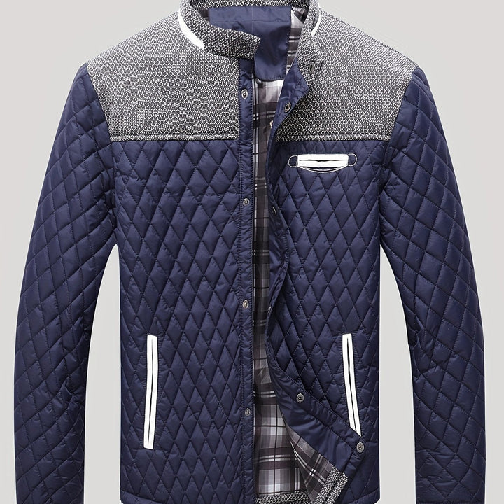 Anders quilted stand collar jacket in navy, open front view with plaid lining visible
