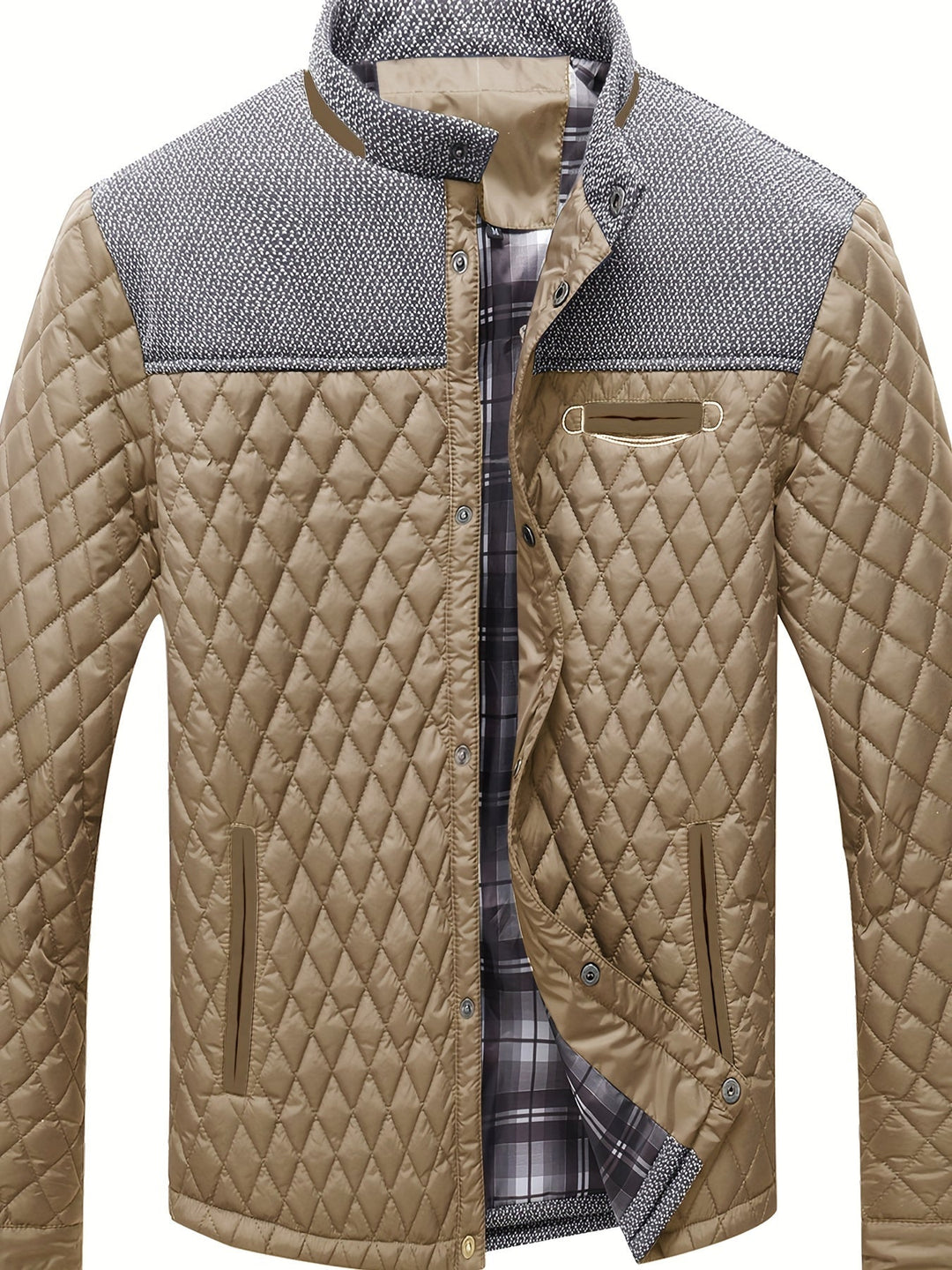 Anders quilted stand collar jacket in khaki, front view fully buttoned
