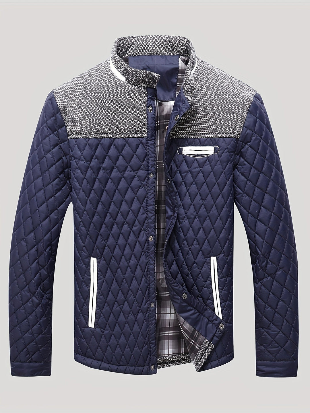Anders quilted stand collar jacket in navy, front view fully buttoned