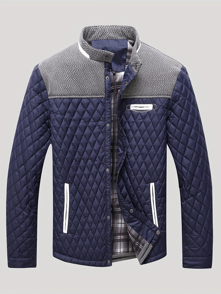 Anders quilted stand collar jacket in navy, front view fully buttoned