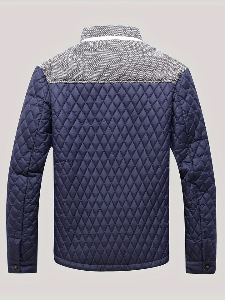 Anders quilted stand collar jacket in navy, back view showing quilted pattern