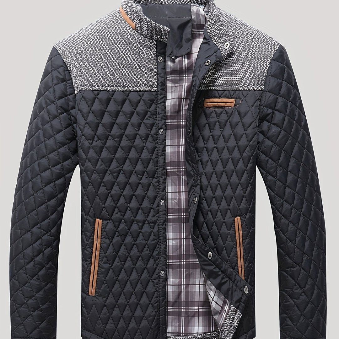 Anders quilted stand collar jacket in black, open front view with plaid lining
