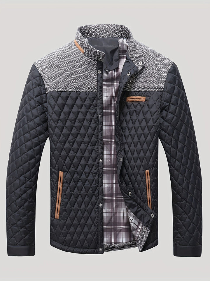 Anders quilted stand collar jacket in black, front view fully buttoned