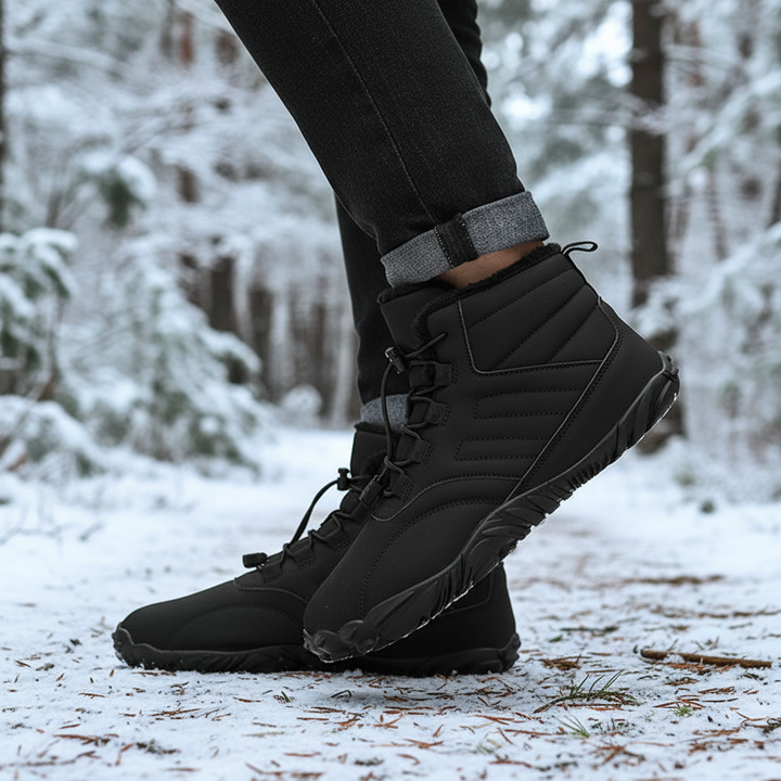 Anders waterproof winter boots worn in a snowy forest, side view