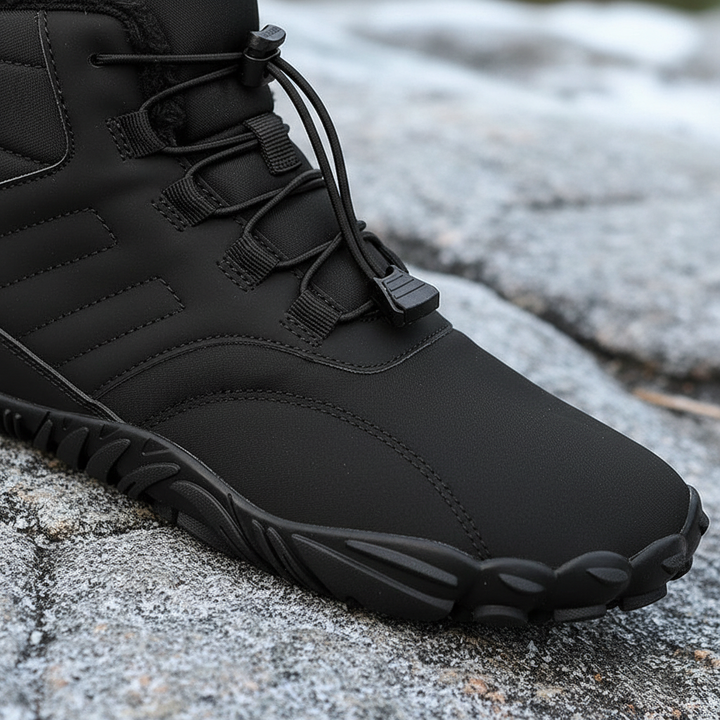 Close-up of Anders winter boot toe and lace detail on stone surface