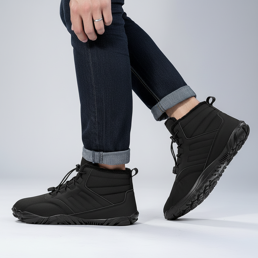 Anders waterproof winter boots worn with jeans, side profile