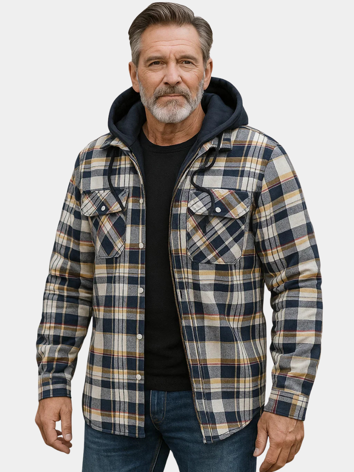Barrett hooded plaid flannel shirt jacket, front view on model