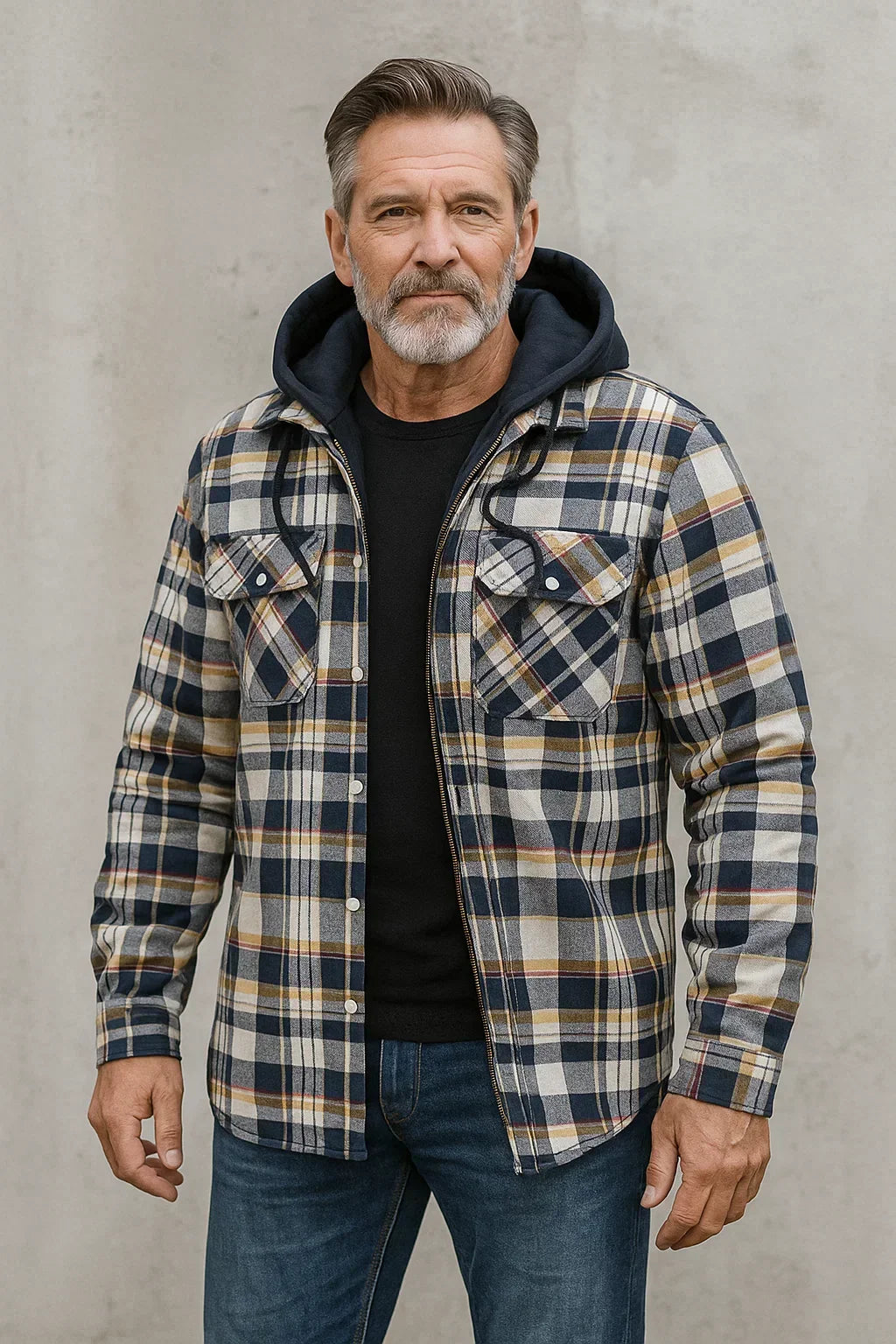 Barrett hooded plaid flannel shirt jacket, front view close up