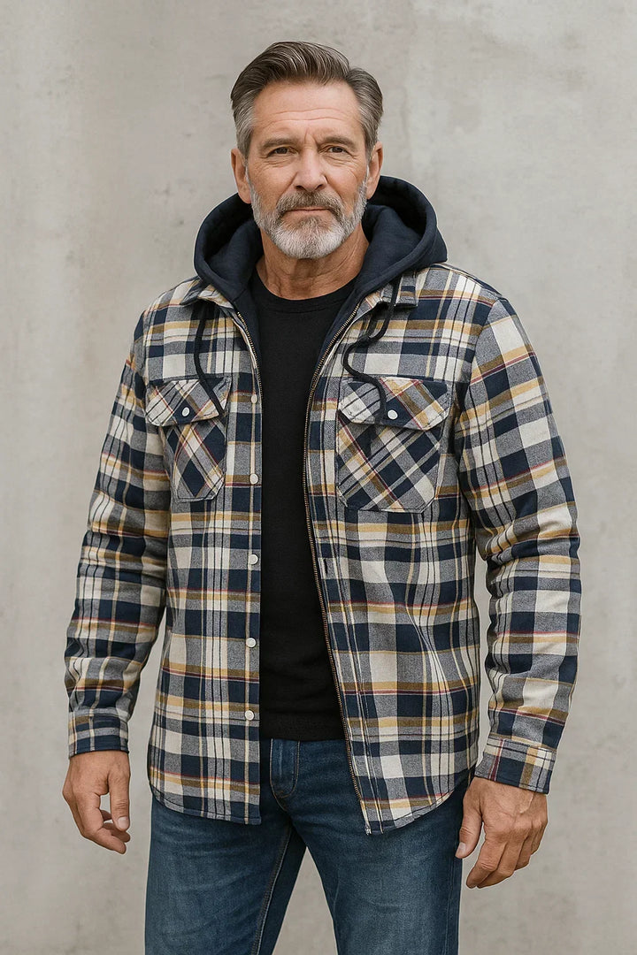 Barrett hooded plaid flannel shirt jacket, front view close up