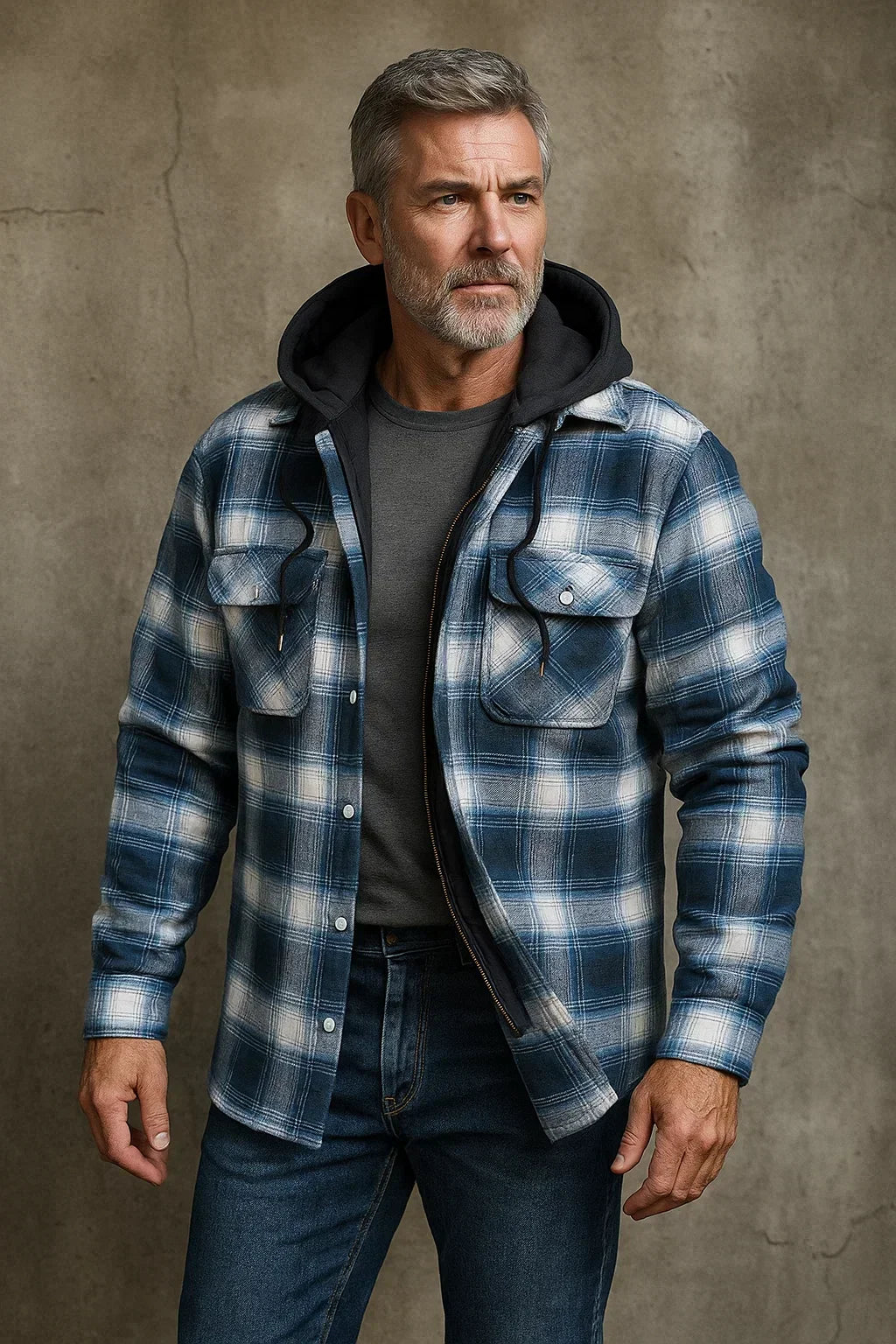 Barrett hooded plaid flannel shirt jacket in blue, front view