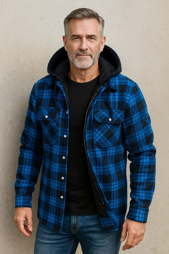 Barrett hooded plaid flannel shirt jacket, hood detail