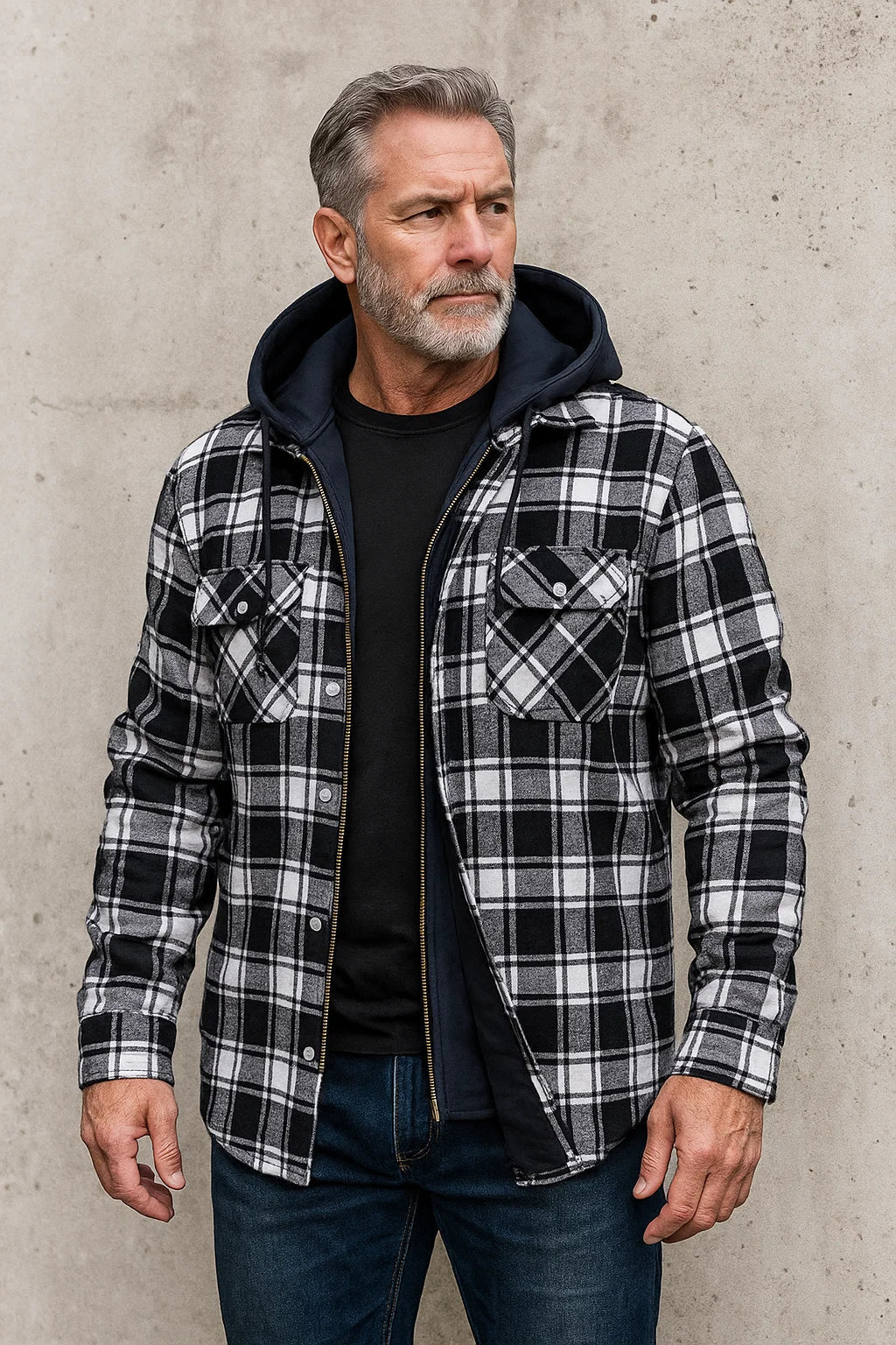 Barrett hooded plaid flannel shirt jacket in blue, close up