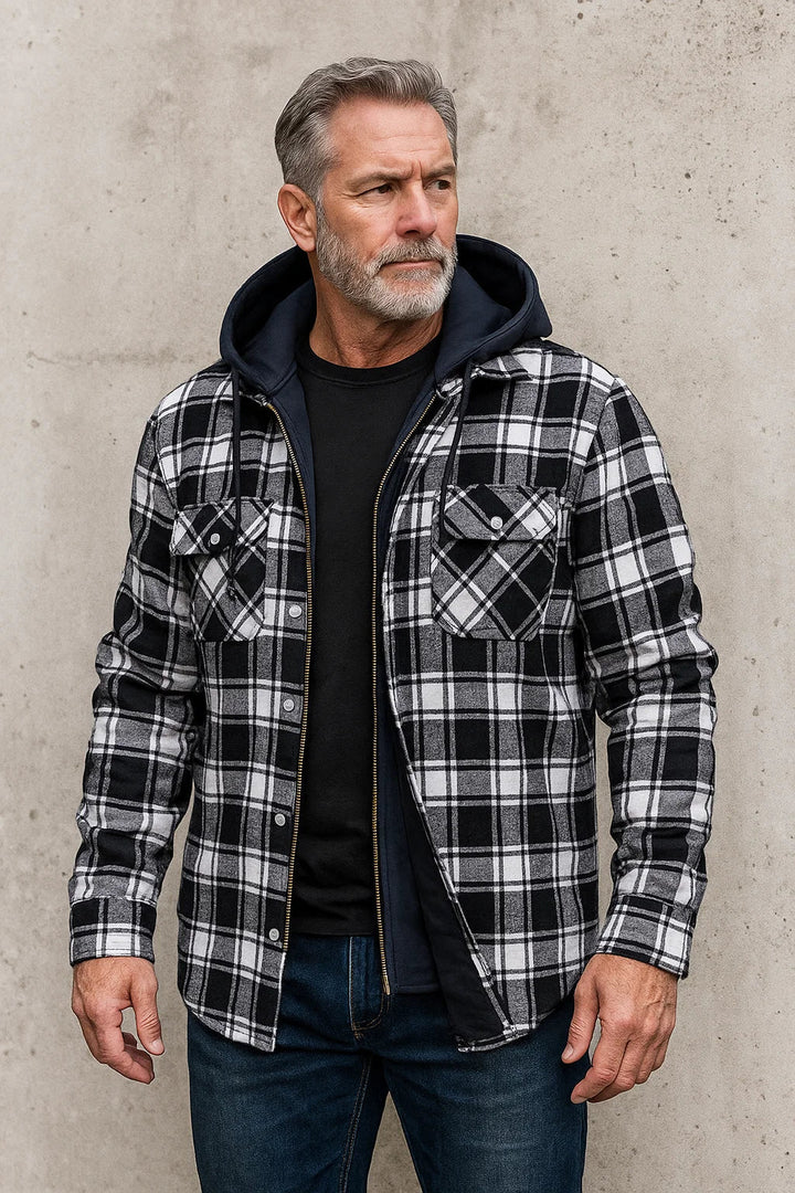 Barrett hooded plaid flannel shirt jacket in blue, close up