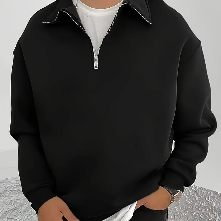 Barrett black quarter-zip collared sweatshirt, close-up front view