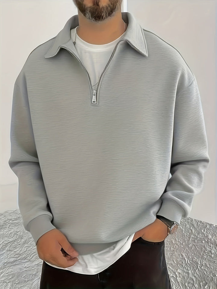 Barrett light grey quarter-zip sweatshirt, front view on model