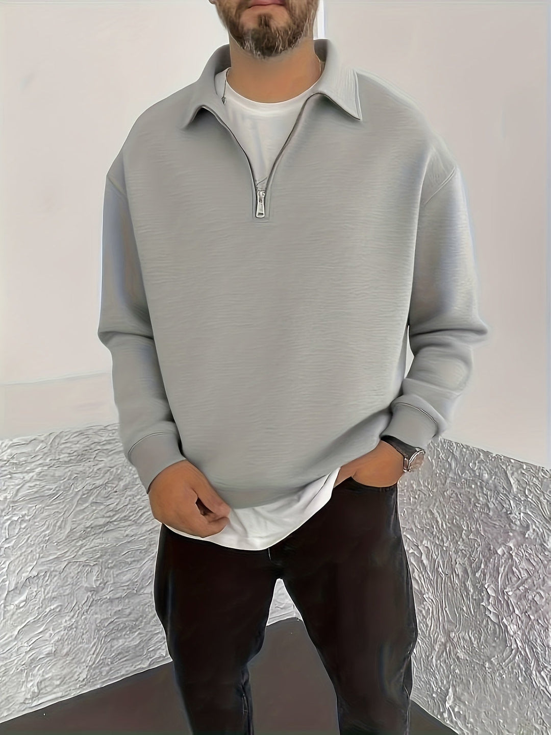 Barrett light grey quarter-zip sweatshirt, side angle view