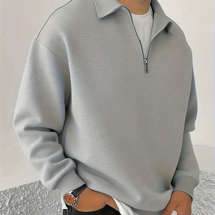 Barrett light grey quarter-zip collared sweatshirt, close-up front view