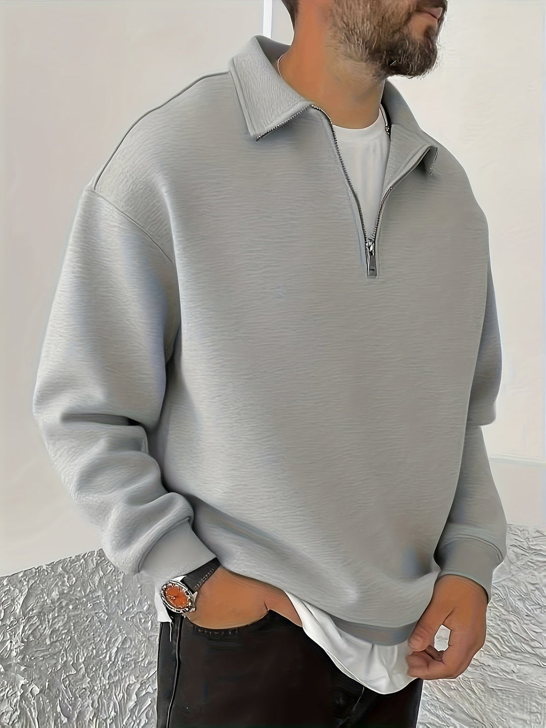 Barrett light grey quarter-zip sweatshirt, side profile view