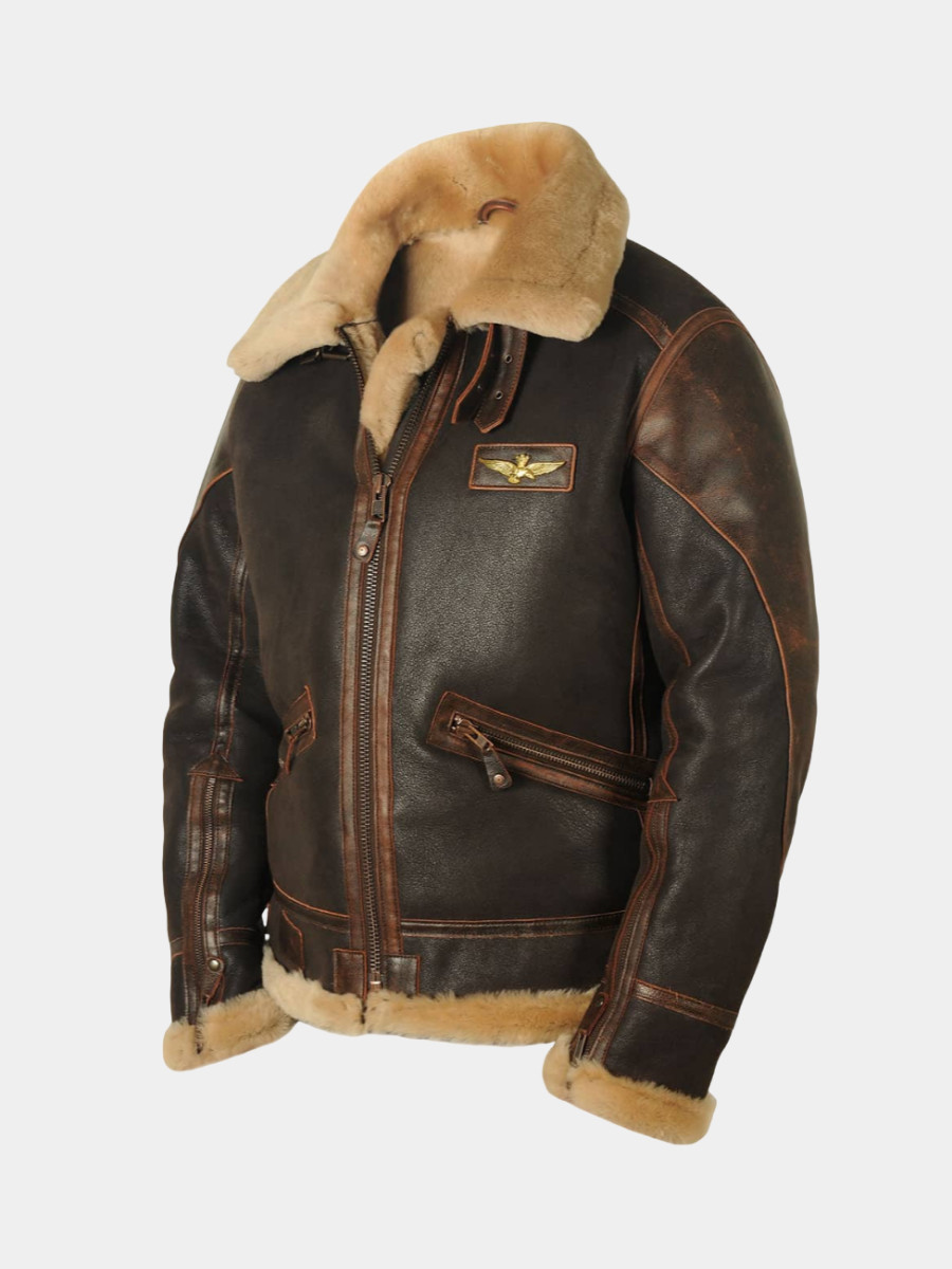 Beckett aviator leather jacket front side view on model form