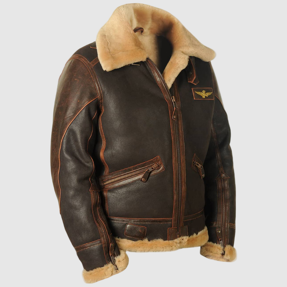 Beckett aviator jacket close front view showing zipper and emblem