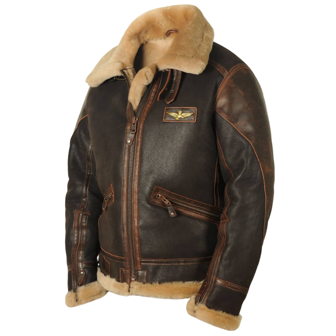 Beckett aviator jacket three-quarter front view with shearling collar
