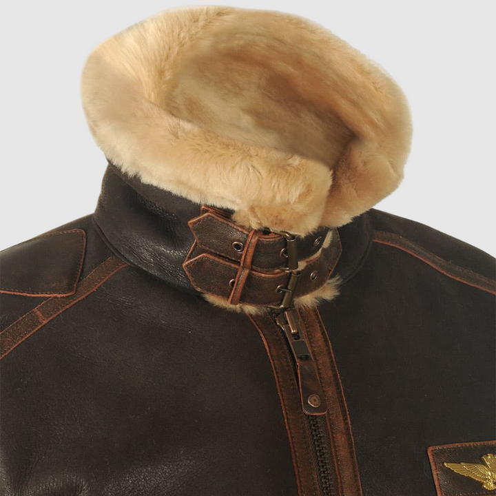 Close-up of Beckett aviator jacket shearling collar and buckle strap