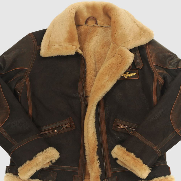 Close-up of Beckett aviator jacket open front showing collar and winged emblem