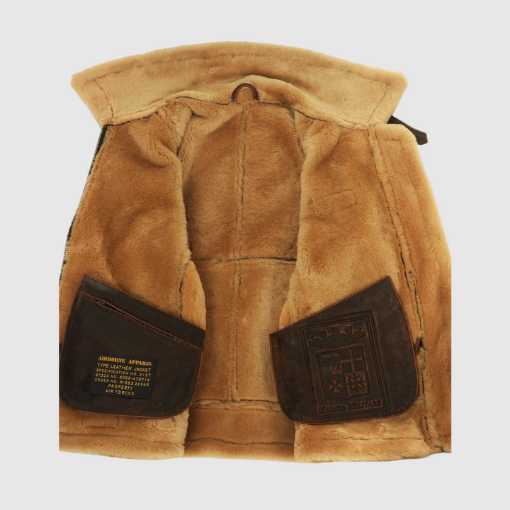 Interior view of Beckett aviator jacket showing shearling lining and pockets
