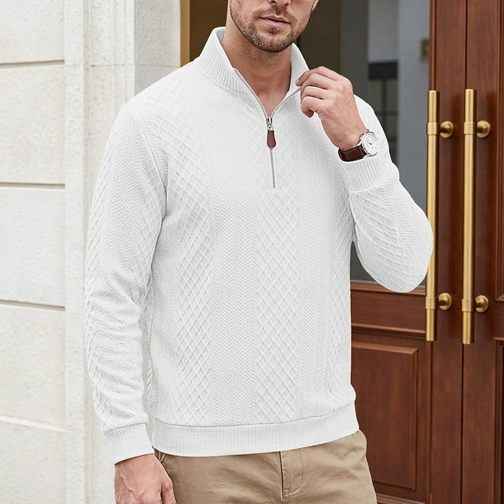 Man wearing Bennett white textured quarter-zip pullover, close-up front view