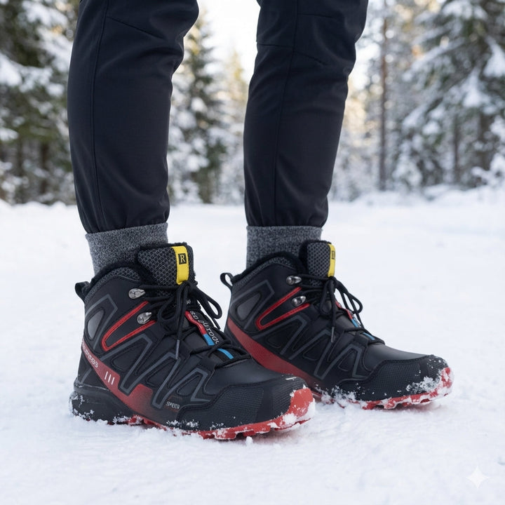 Bennett waterproof hiking boots worn outdoors in snow, front view