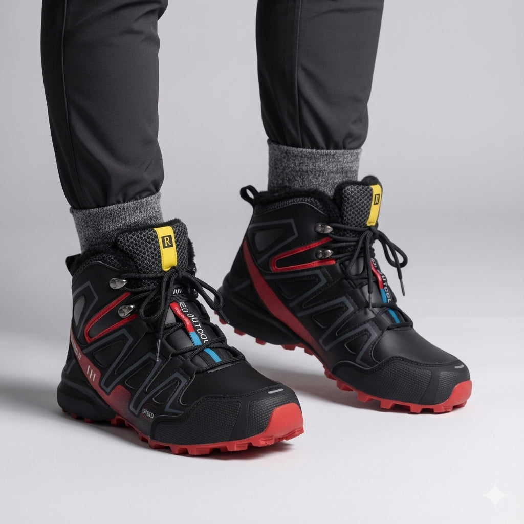 Bennett waterproof hiking boots worn on model, studio front view