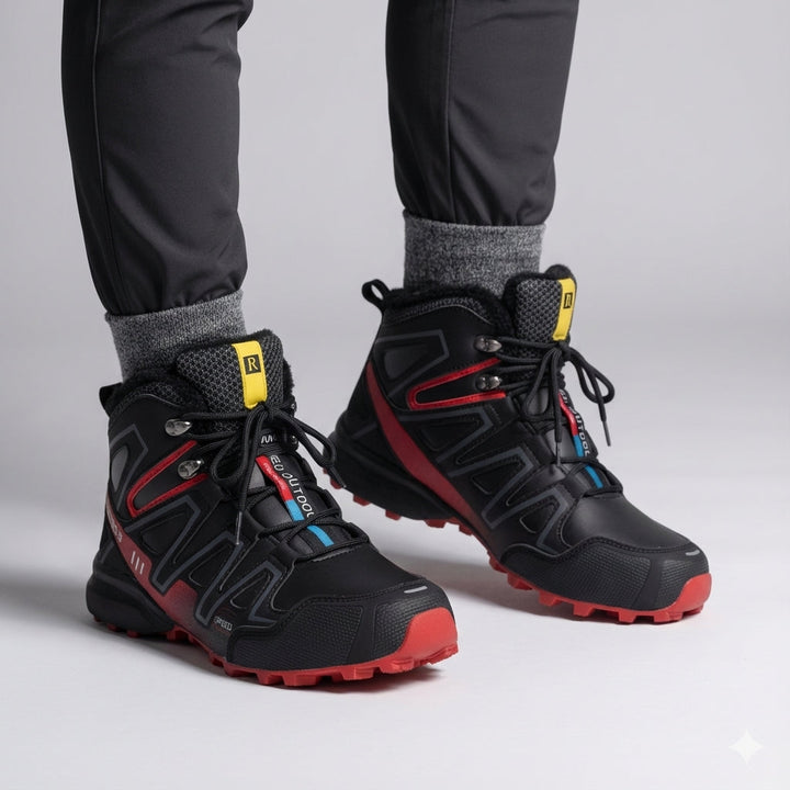 Bennett waterproof hiking boots worn on model, studio front view