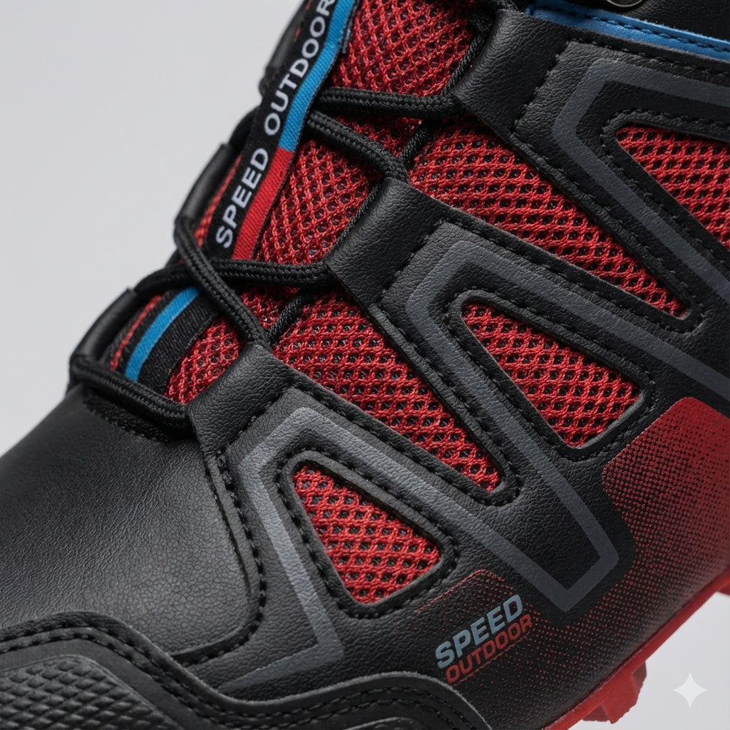Close-up of Bennett hiking boot lace-up detail and mesh panel