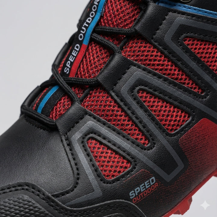 Close-up of Bennett hiking boot lace-up detail and mesh panel