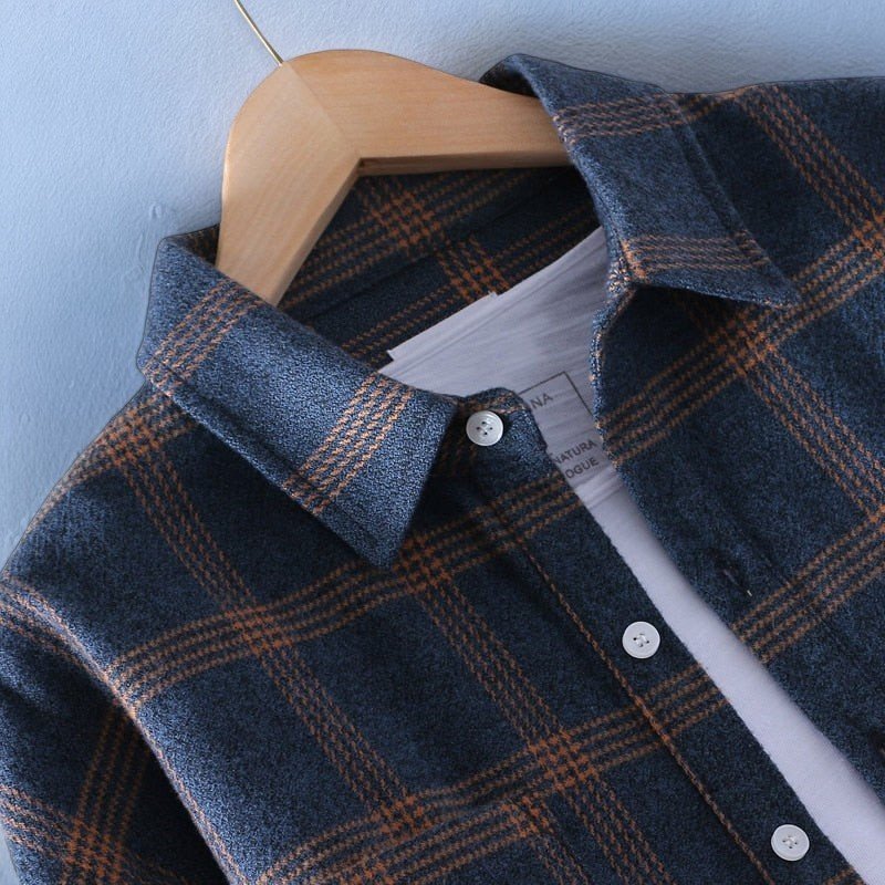 Bramwell navy plaid flannel shirt collar and button placket close-up