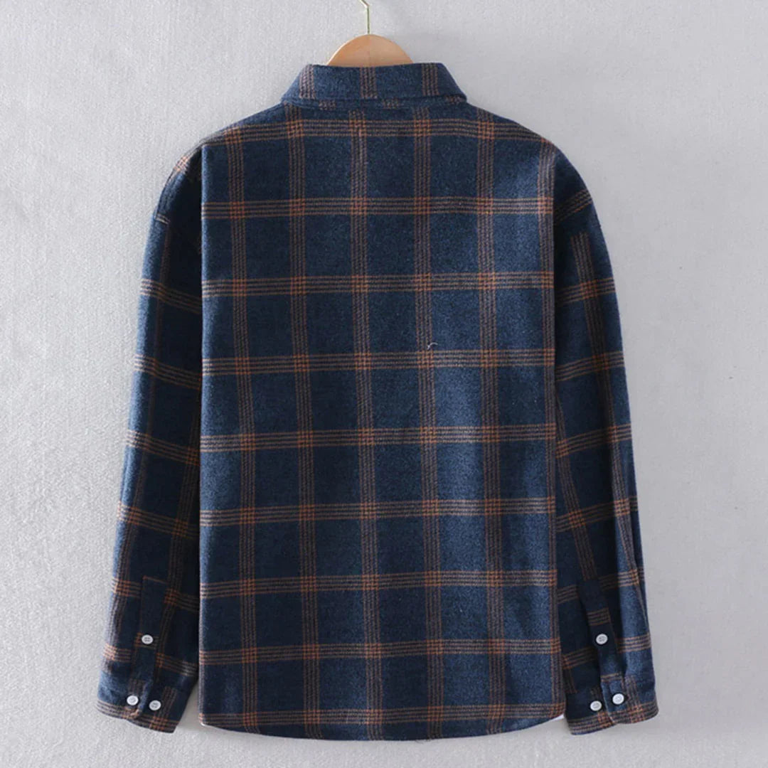 Bramwell navy plaid flannel shirt back view on hanger