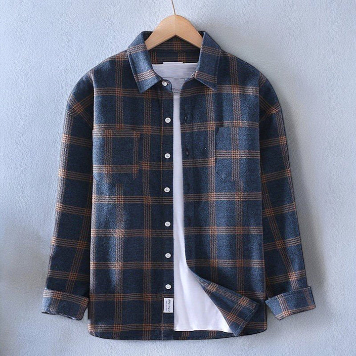 Bramwell navy plaid flannel shirt front view with patch pockets