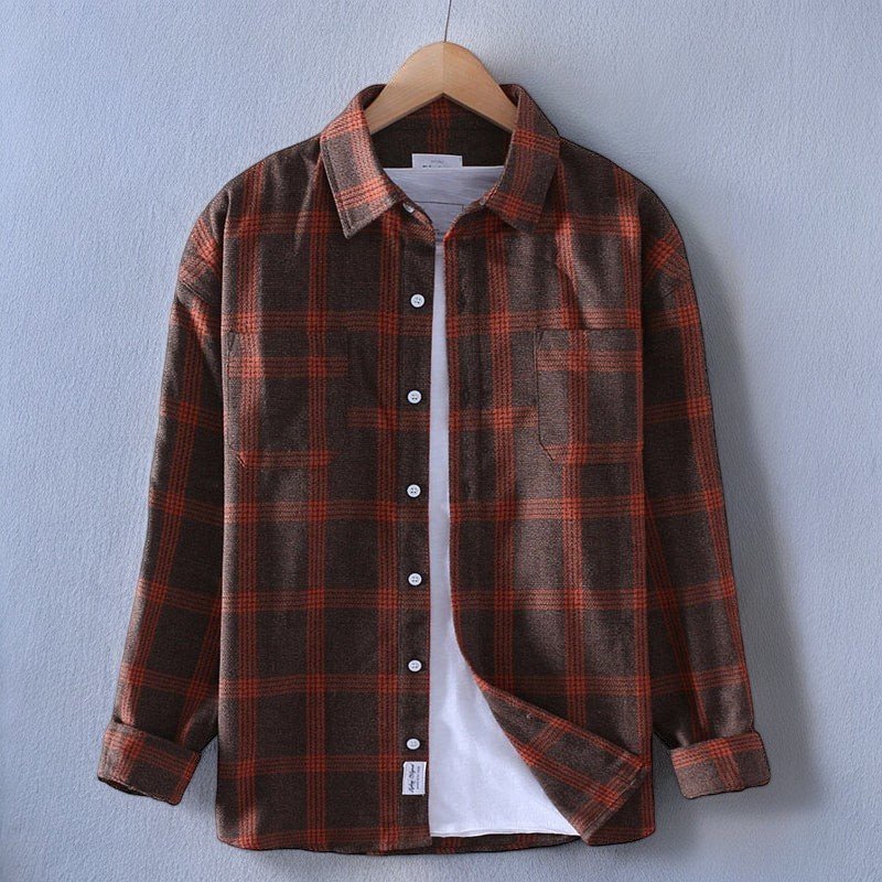 Bramwell rust plaid flannel shirt front view with patch pockets