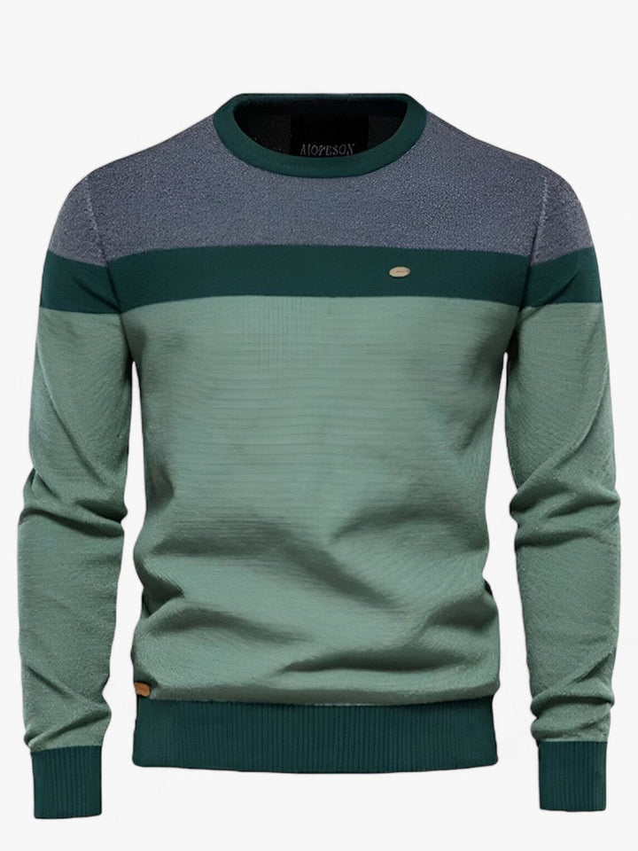 Callahan colorblock crew neck knit sweater in sage green, front view