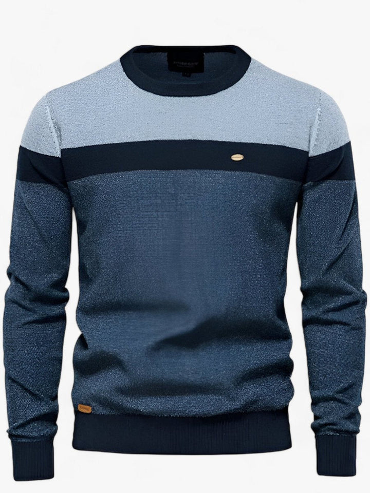 Callahan colorblock crew neck knit sweater in navy, front view
