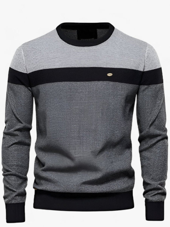 Callahan colorblock crew neck knit sweater in dark gray, front view
