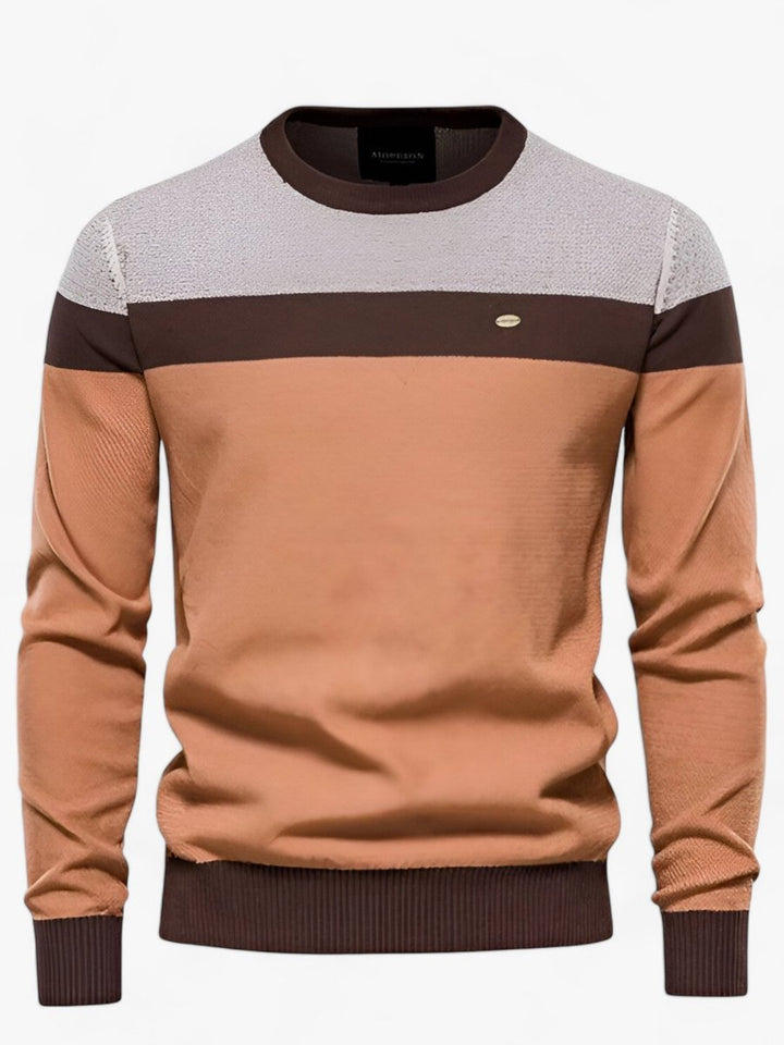 Callahan colorblock crew neck knit sweater in orange, front view