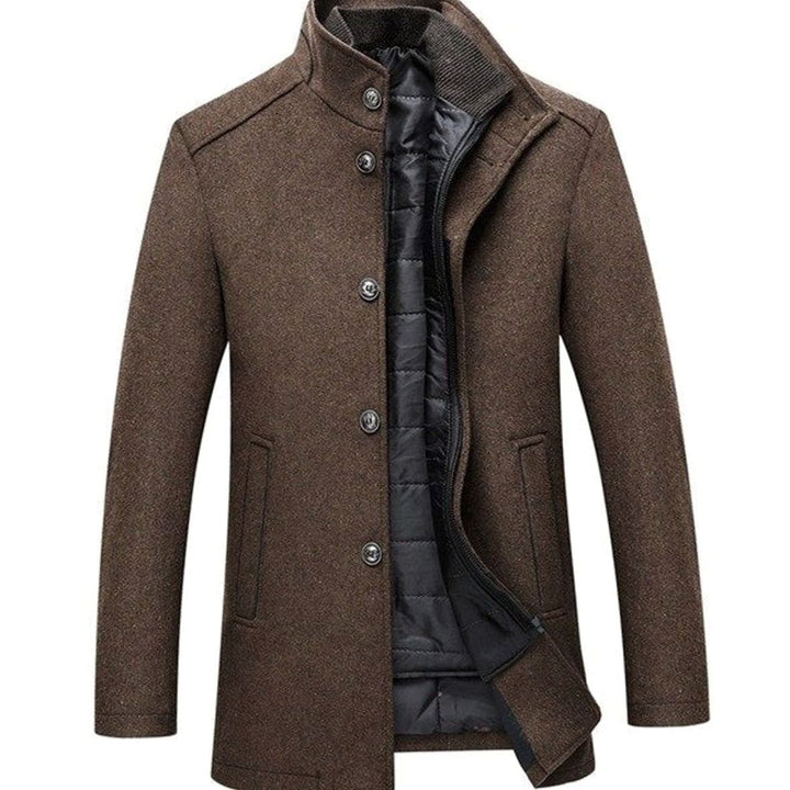 Callahan quilted lined wool coat in brown, front view with jacket open showing quilted liner