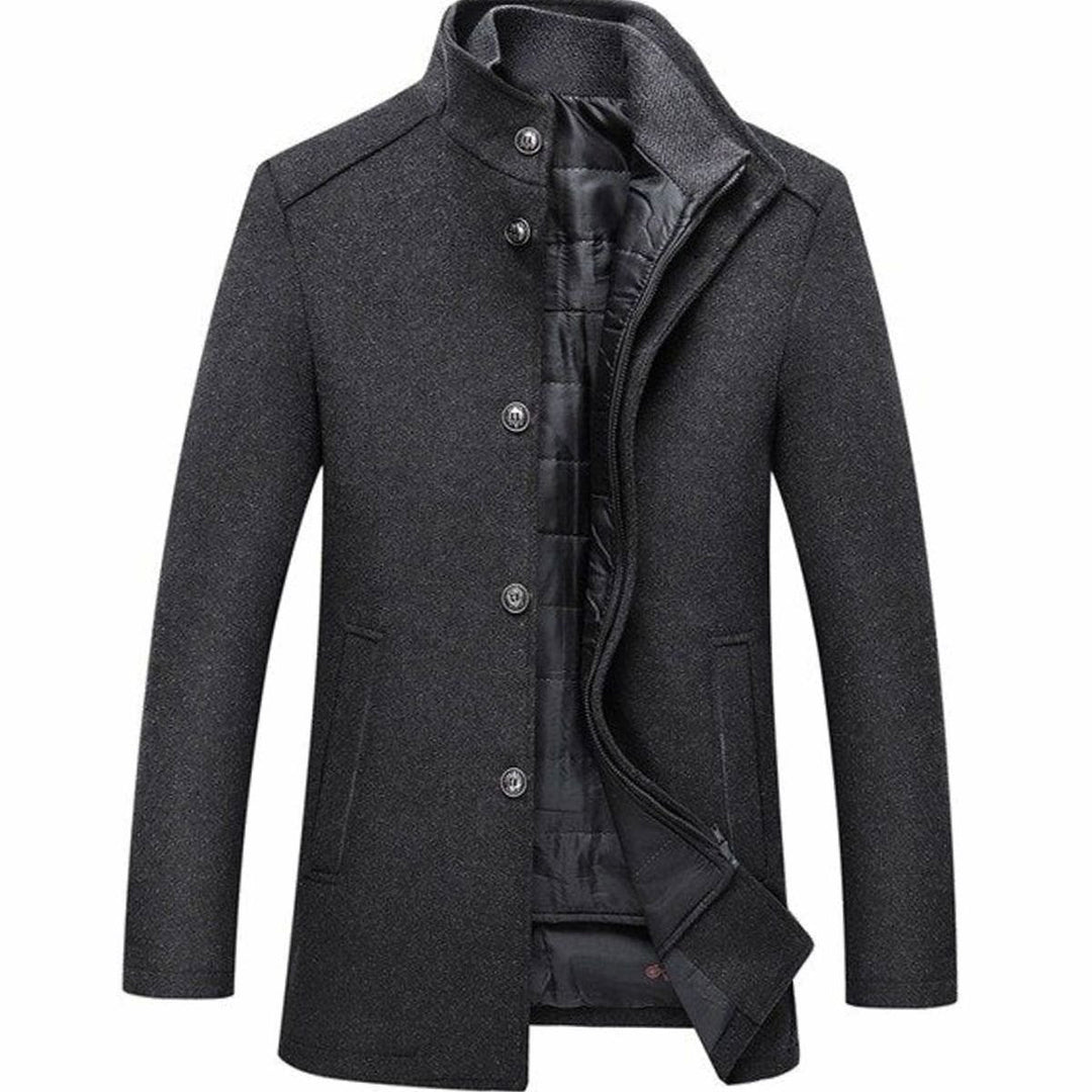 Callahan quilted lined wool coat in dark gray, front view with jacket open showing quilted liner