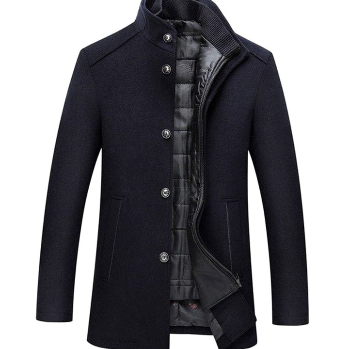 Callahan quilted lined wool coat in navy blue, front view with stand collar raised