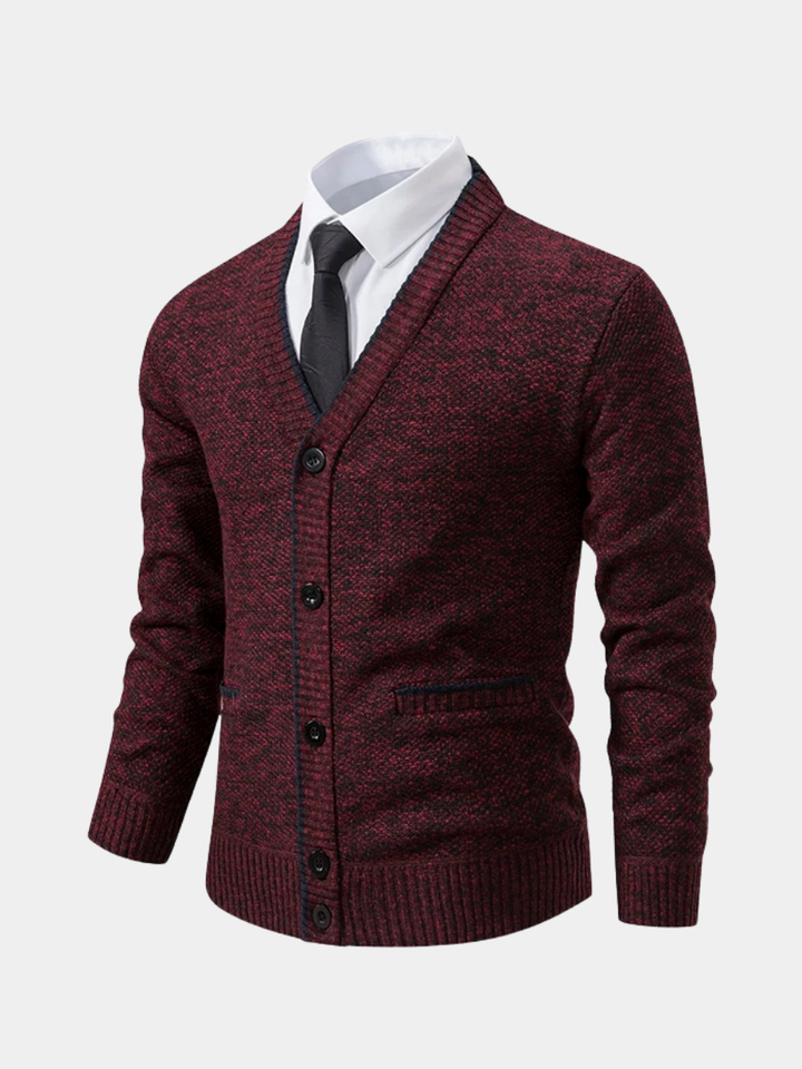 Callum wine red button-front V-neck cardigan, front view with tie styling