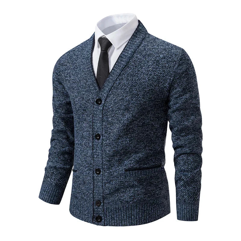 Callum navy blue button-front cardigan, front view