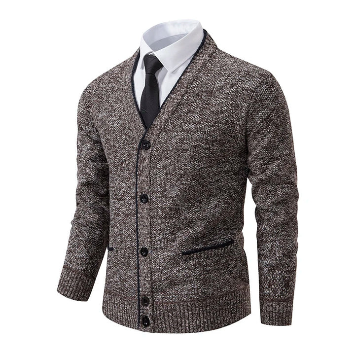 Callum brown V-neck cardigan, front angle view