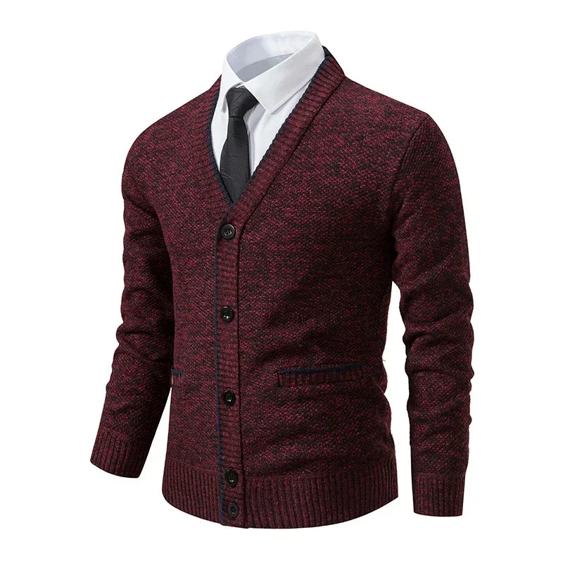 Callum wine red knit cardigan, front view with button closure