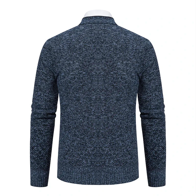 Callum navy blue knit cardigan, back view showing ribbed hem and cuffs